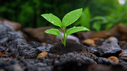 Wall Mural - A small green plant is growing in a rocky area. The plant is surrounded by rocks and dirt, and it is thriving despite the harsh environment. Concept of resilience and determination