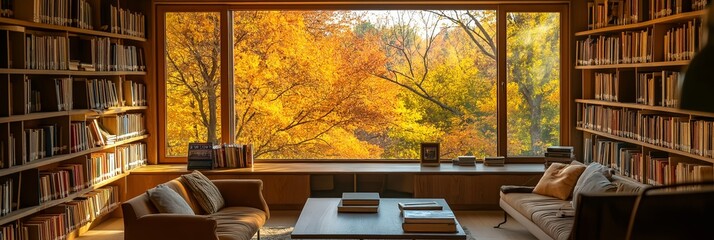 Wall Mural - A cozy living room with a large window overlooking a forest. The room is filled with bookshelves and a couch. Scene is peaceful and relaxing