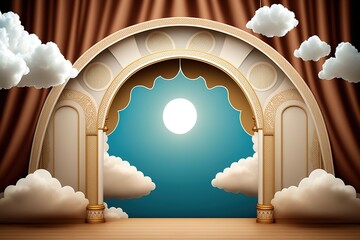 Wall Mural - Ornate archway with clouds and moonlit sky.