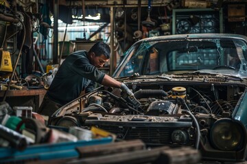 Wall Mural - Experienced mechanic repairing a car engine in a modern and well equipped automotive workshop