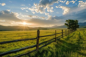 Wall Mural - Beautiful Field. Picturesque Sunrise over Country Ranch with Fenced Landscape