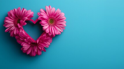 Wall Mural - A heart made of pink flowers is on a blue background. The flowers are arranged in a way that they look like they are hugging each other. Concept of love and affection