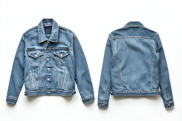 Wall Mural - Front and back view of a blue denim jacket on a white background