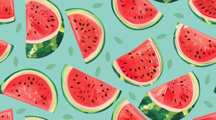 Seamless pattern of watermelon slices and leaves on a light blue background. Summer-themed and tropical design concept.