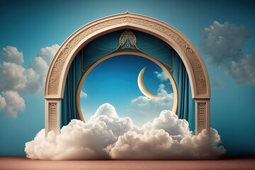 Wall Mural - Ornate archway with curtains revealing a crescent moon and clouds.