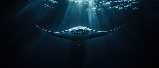 Wall Mural - A manta ray swimming in the deep dark sea, close up