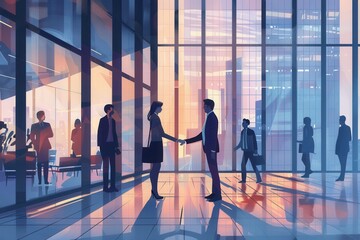 Aufkleber - Two professionals engage in a handshake, symbolizing a successful business agreement against a backdrop of a modern office building. Generative AI