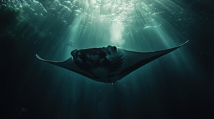 Wall Mural - A manta ray swimming in the deep dark sea, close up