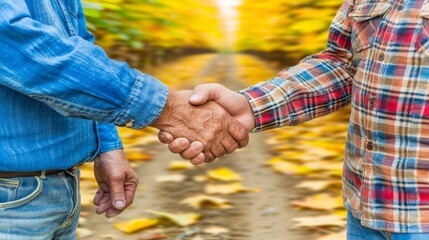 Two men shaking hands in a rural setting with autumn leaves on t