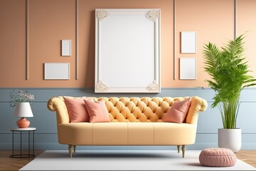 Wall Mural - Yellow tufted sofa with pink pillows in a modern interior design with blank frames and a potted plant.