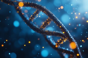 Wall Mural - in the background are blue particles of dna helix glowing. this illustrates the concept of genetics,