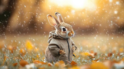 A rabbit wearing a rain jacket stands amidst fallen leaves while light rain falls around it in an autumn setting