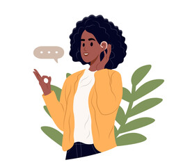 Joyful African American woman uses a hearing aid and experiencing sound. Person who has lost her hearing uses sign language. Vector illustration.