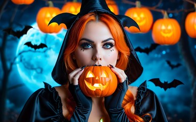 Sticker - Portrait of a Woman in a Halloween Costume with a Pumpkin