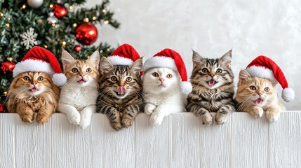 Wall Mural - Six cats in Santa hats playfully pose together in a festive atmosphere with a Christmas tree adorned with ornaments nearby