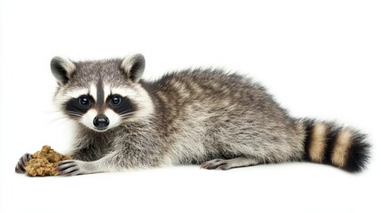 Portrait of a cute raccoon holding food against a white background - Fun and Playful Wildlife Photography