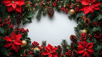 Poster - A vibrant Christmas wreath features red poinsettias, pinecones, and festive ornaments, creating a cheerful holiday decoration