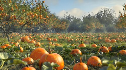 Poster - A pumpkin field with bright orange pumpkins scattered