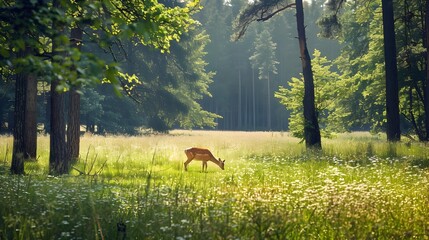 Canvas Print - A sunny meadow with green grass and wildflowers