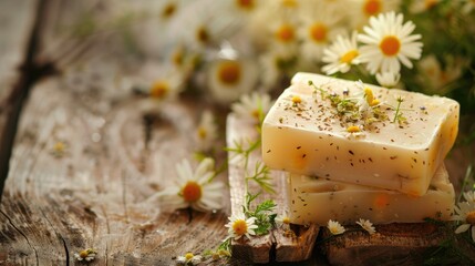 Natural soap with chamomile flowers on wooden surface, close-up of moisturizing soap with herbal oils, spa and beauty theme. Text space available.