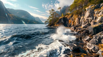 Poster - Surf waves crashing against the rocky shores