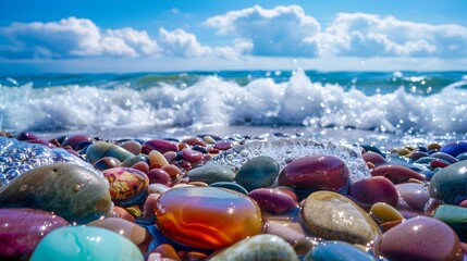 Wall Mural - Tide transparent colored stones lie on the shore