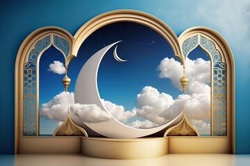 Ornate golden archway with crescent moon and clouds.