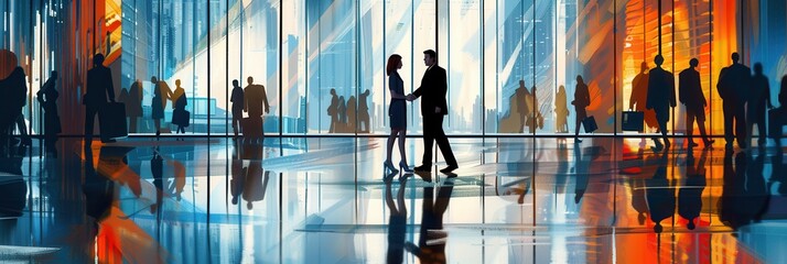 Aufkleber - Business people are engaged in a handshake, signifying a successful agreement in front of a contemporary office building filled with natural light. Generative AI