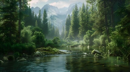 Wall Mural - The river meanders through a dense forest