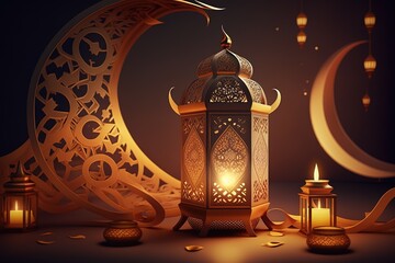 Ornate golden lantern with crescent moon and candlelight.