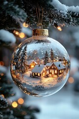 Canvas Print - A glass ornament reflects a cozy village with glowing lights and snow-covered trees, capturing the warm spirit of winter festivities