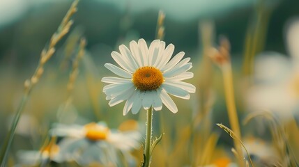 Poster - White chamomile blooms in a meadow its yellow