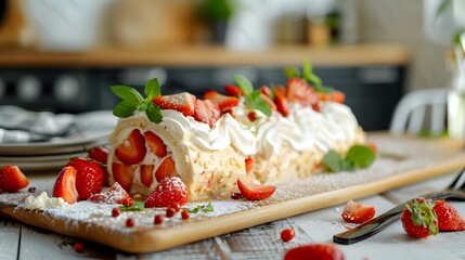 Wall Mural - A roll with strawberries and whipped cream decorated