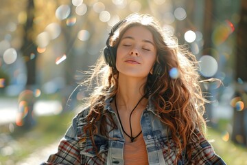 Young woman is enjoying music in headphones in a sunny autumn park