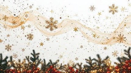Poster - A beautiful arrangement of sparkling gold snowflakes, ribbons, and festive greenery, creating a cheerful holiday atmosphere