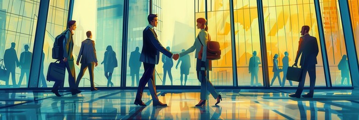 Aufkleber - Two business people engage in a handshake while standing outside a contemporary office building on a bright afternoon. Generative AI