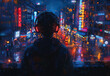 © Sunshine Studio - A young guy with headphones watching the city lights, back view, illustration, cyberpunk, video background