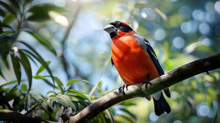 Poster - A bright red bullfinch with black and white