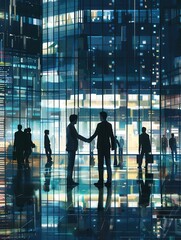 Aufkleber - Two business people are engaged in a handshake in a vibrant urban setting, surrounded by reflections of illuminated buildings and city life. Generative AI