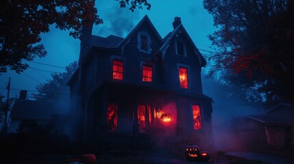 A spooky, abandoned house glows ominously with red light, surrounded by fog and filled with Halloween spirit