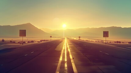 Poster - The highway stretches through a desert landscape illuminated