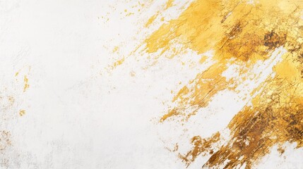 Abstract white and gold texture with dynamic brush strokes. The contrast between the white background and golden accents provides a clean, luxurious, and artistic appeal. Horizontal orientation.