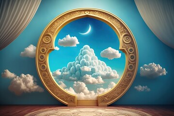 Ornate window frame revealing a dreamy sky with clouds and a crescent moon.