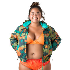 Front view mid body shot of an extremely fat 25-year-old Latin woman in a vibrant green camo jacket and bright orange shorts, smiling at the camera, isolated on a white transparent background