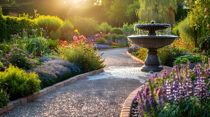 Wall Mural - The path in the garden leads through flowering