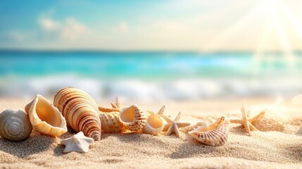 Poster - Seashells on the sand by the sea on a hot sunny day