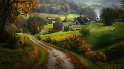 Wall Mural - A path going into the distance among fields