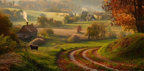 Wall Mural - A path going into the distance among fields