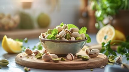 Canvas Print - Pistachios in a small bowl on a wooden