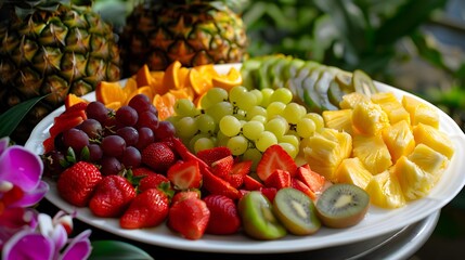 Wall Mural - Assorted fresh fruits on a large white plate